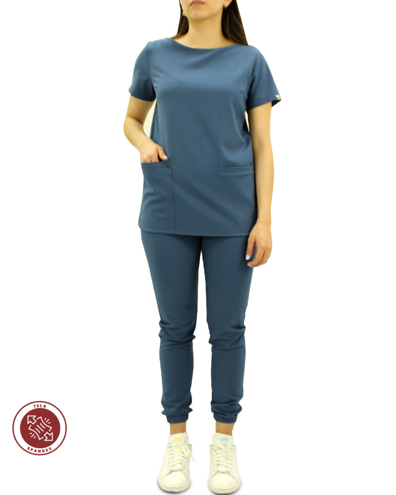 Conjunto azul petroleo cuello barco con spandex para Mujer