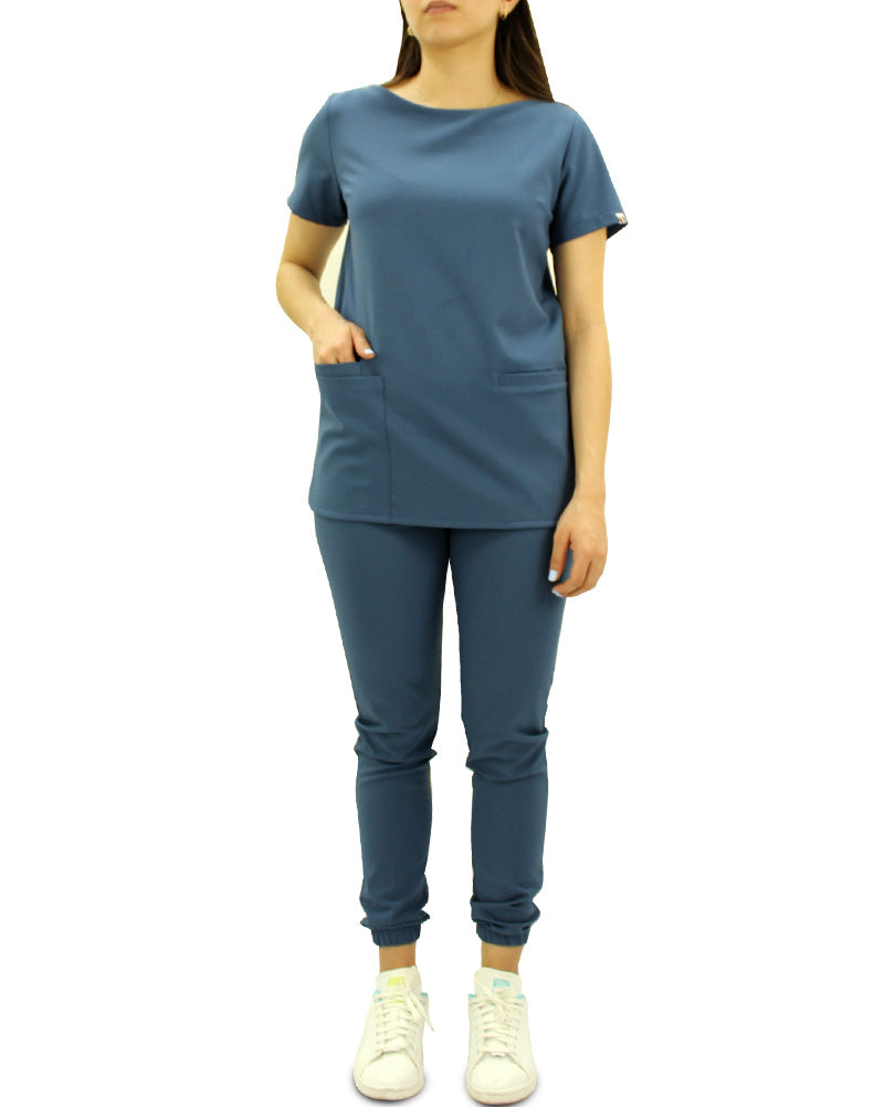 Conjunto azul petroleo cuello barco con spandex para Mujer